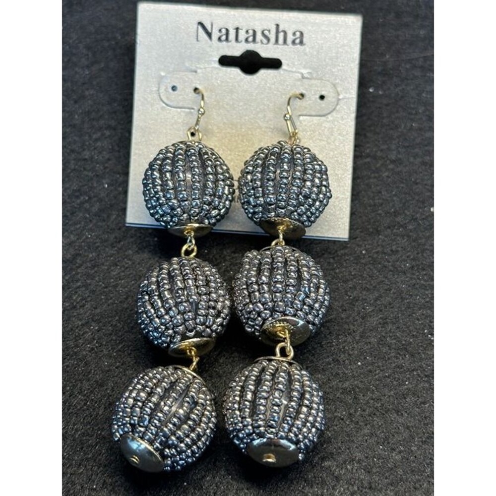 Gunmetal Beaded Triple Ball Drop Dangle Earrings Boho NWT New Jewelry Gift